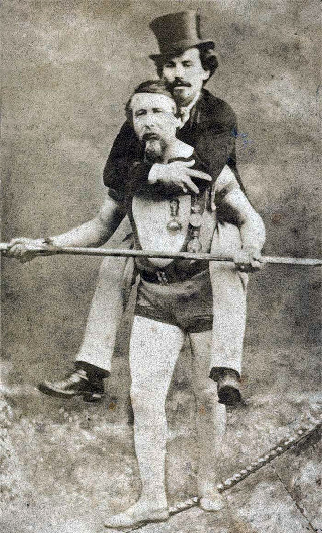 Blondin carrying Jack, his new assistant. Studio photograph.