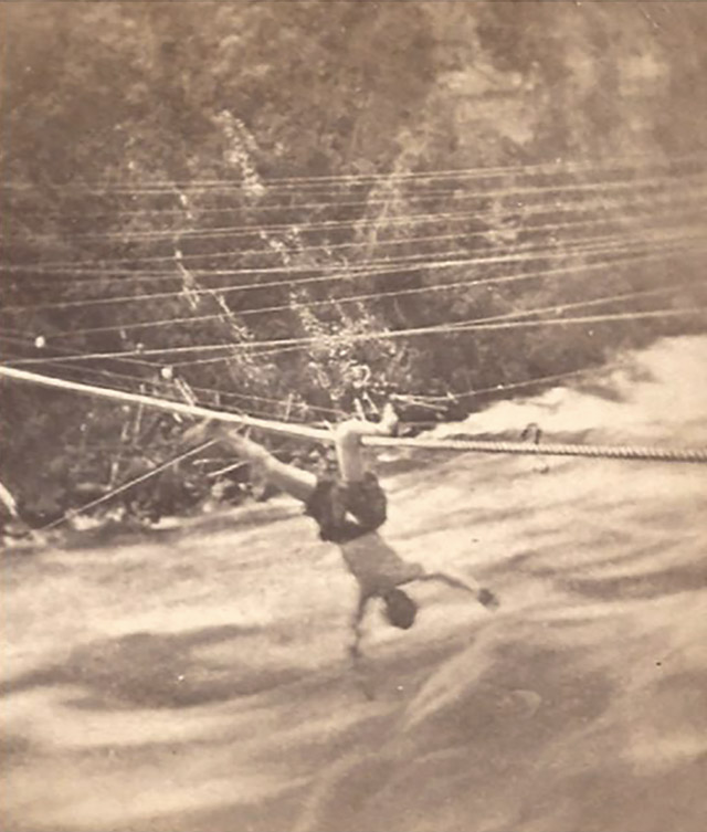 Blondin, stunt: hanging by one leg, c. 1859