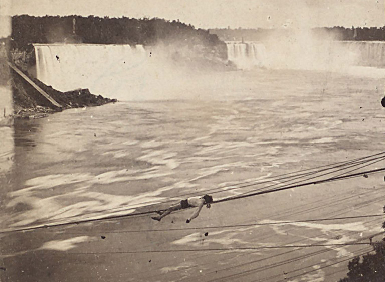 Blondin lying across rope, c. 1859