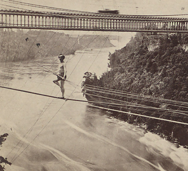 Blondin crossing Niagara River. Photo by Samuel Mason, c. 1860