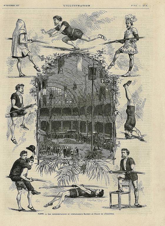 Blondin at the Palais de l’Industrie in Paris — wood engraving by Barnabé Auguste Tilly, L’Illustration, no. 1840 (10 November 1877); workshop of Smeeton and Tilly.