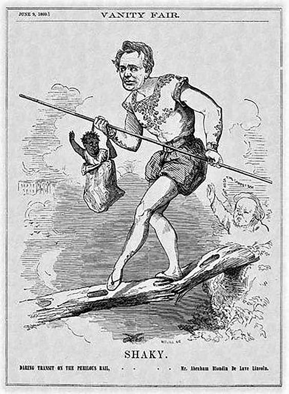 Cartoon, 1860. In Vanity Fair. Abraham Lincoln tottering