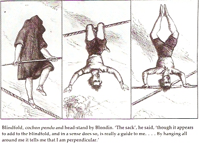 Blondin walking a tightrope in a sack